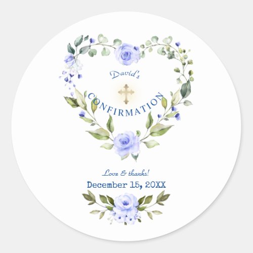 Blue Floral Heart Gold Cross Boy Confirmation Classic Round Sticker