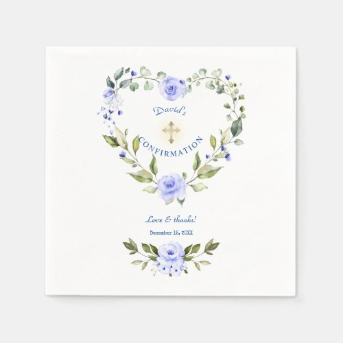 Blue Floral Heart Gold Cross Boy Confirmation Napkins