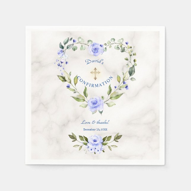 Blue Floral Heart Gold Marble Boy Confirmation Napkins (Front)
