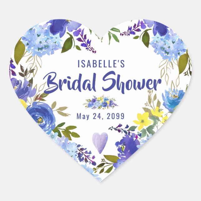Blue Floral & Heart Personalized Bridal Shower Heart Sticker (Front)