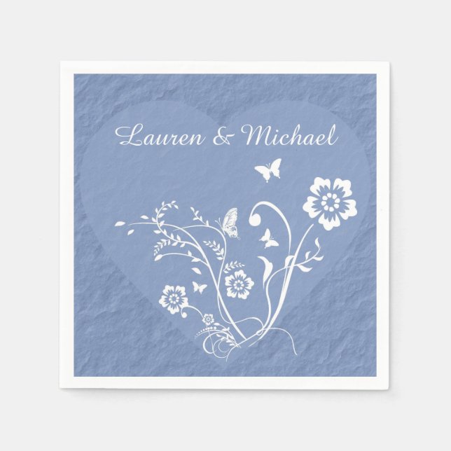Blue Floral Heart Personalized Wedding Napkins (Front)