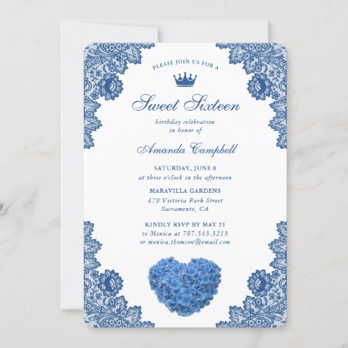 Blue Floral Heart Sweet Sixteen 16 Birthday Invitation