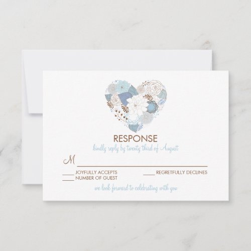 Blue Floral Heart Wreath Wedding RSVP Card