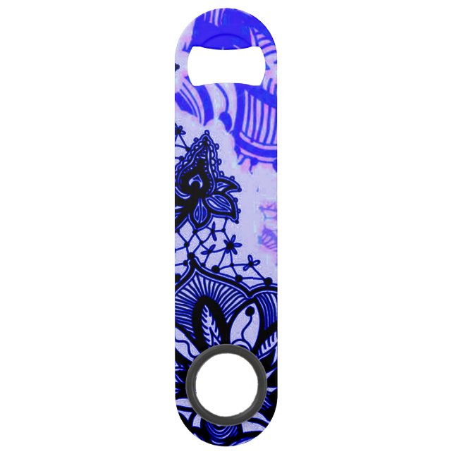 Blue Floral Henna Lace Artistic Unique Bar Key (Front)