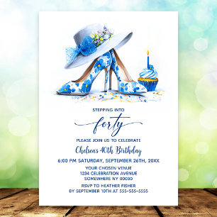 Blue Floral High Heel Shoes 40th Birthday Party Invitation