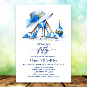 Blue Floral High Heel Shoes 50th Birthday Party Invitation