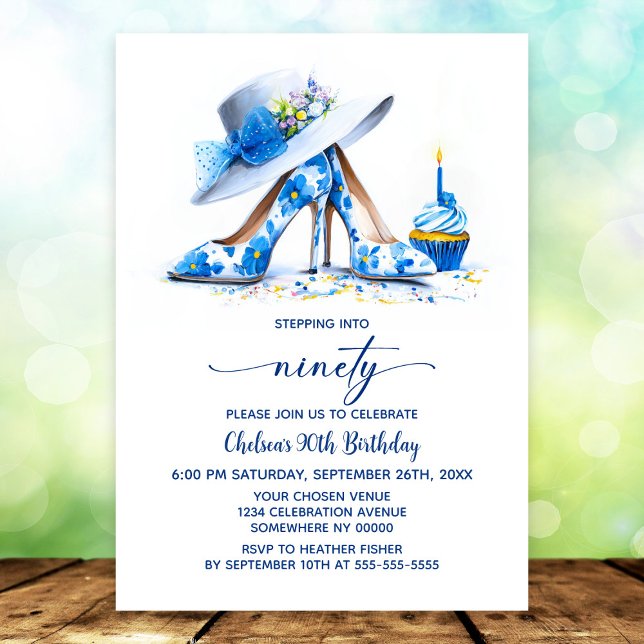 Blue Floral High Heel Shoes 90th Birthday Party Invitation (Creator Uploaded)