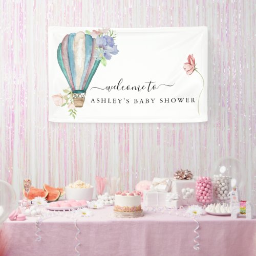 Blue Floral Hot Air Balloon Baby Shower Banner