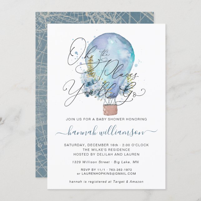Blue Floral Hot Air Balloon Baby Shower Invitation (Front/Back)