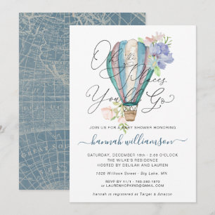 Blue Floral Hot Air Balloon Baby Shower Invitation