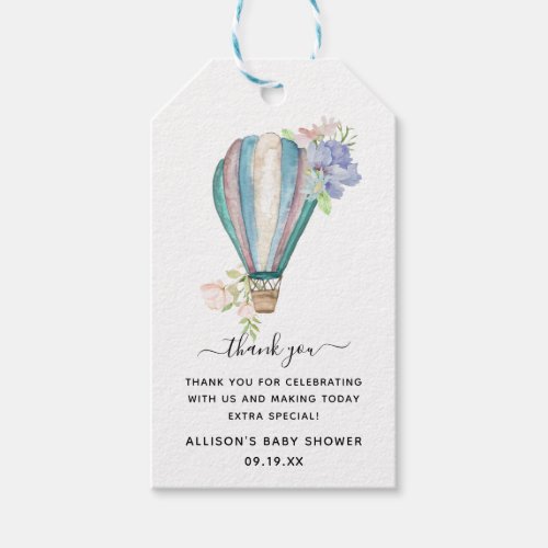 Blue Floral Hot Air Balloon Baby Shower Thank You Gift Tags