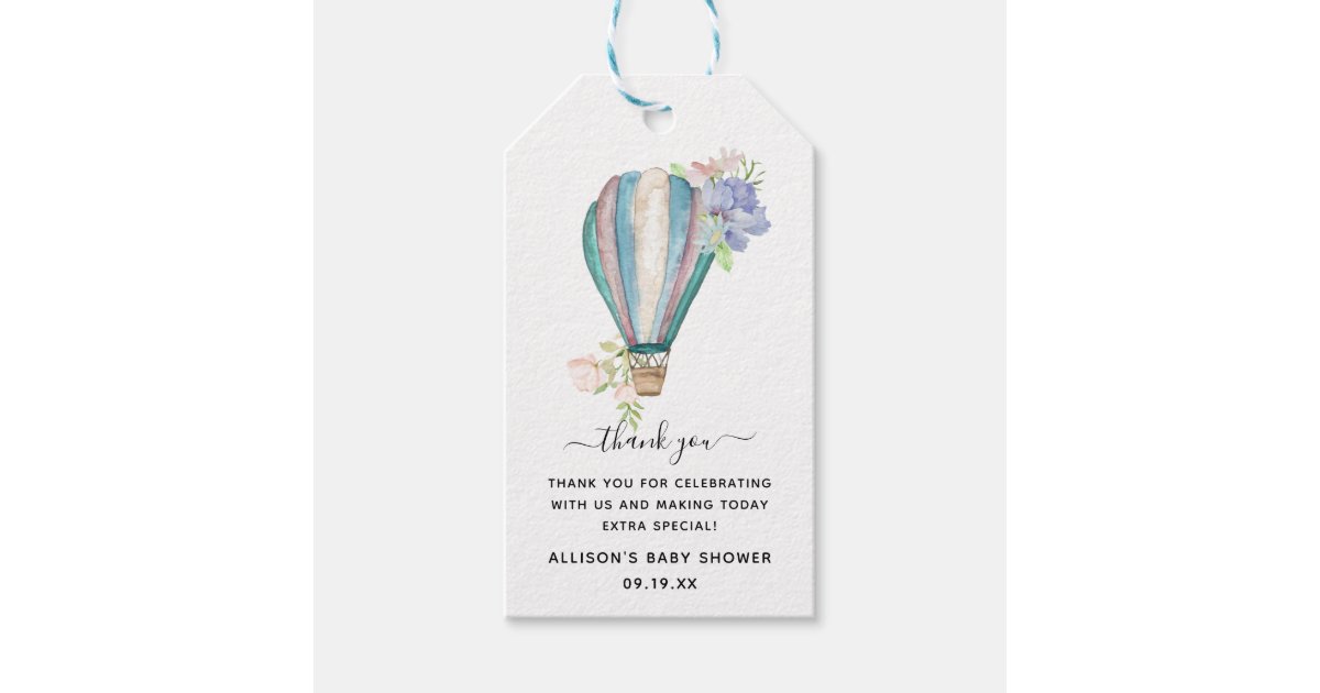 Blue Floral Hot Air Balloon Baby Shower Thank You Gift Tags | Zazzle