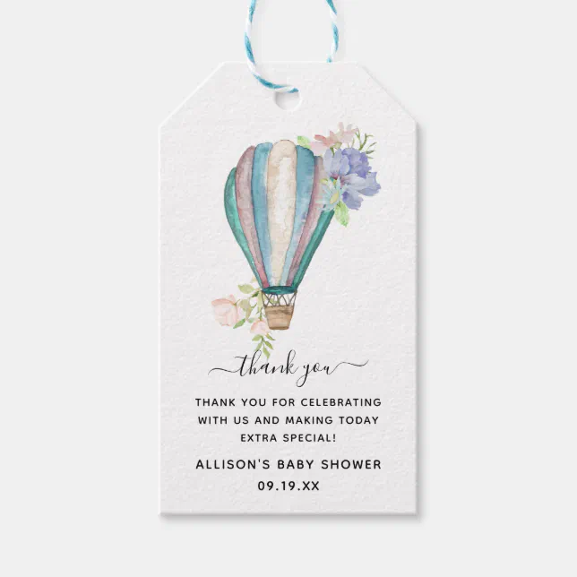 Blue Floral Hot Air Balloon Baby Shower Thank You Gift Tags | Zazzle