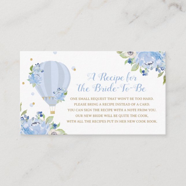 Blue Floral Hot Air Balloon Recipe for Bride to Be Enclosure Card (Front)