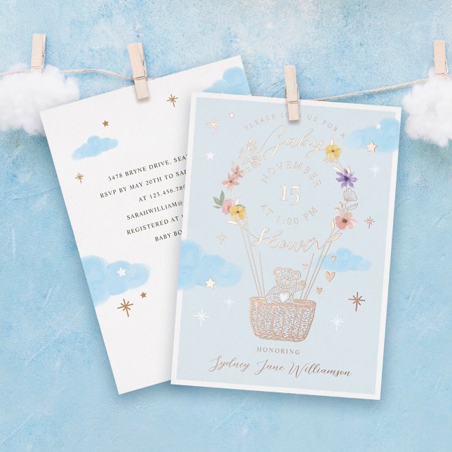 Blue Floral Hot Air Balloon Teddy Bear Baby Shower Foil Invitation (Creator Uploaded)