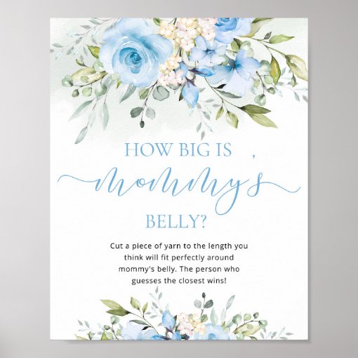 Blue floral how big is mommy's belly game poster | Zazzle