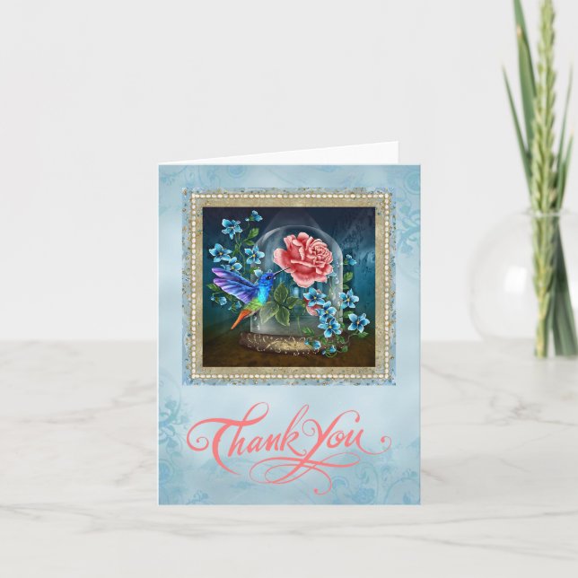 Blue Floral Hummingbird Thank You Card (Front)