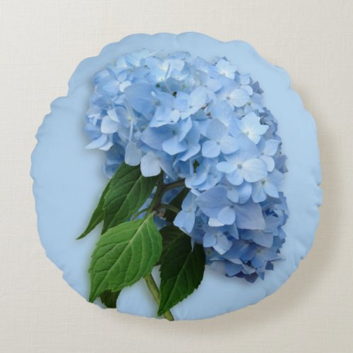 Blue Floral Hydrangea Accent Round Pillow