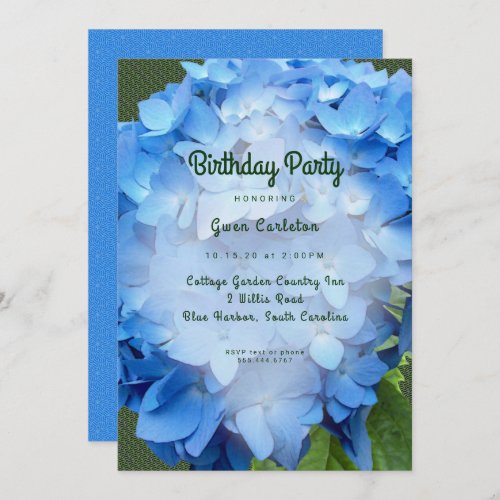 Blue Floral Hydrangea Birthday Party Invitation