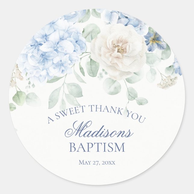 Blue Floral Hydrangea Bloom Baptism Circle Classic Round Sticker (Front)