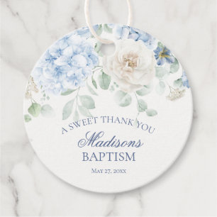 Blue Floral Hydrangea Bloom Baptism Circle Favor Tags