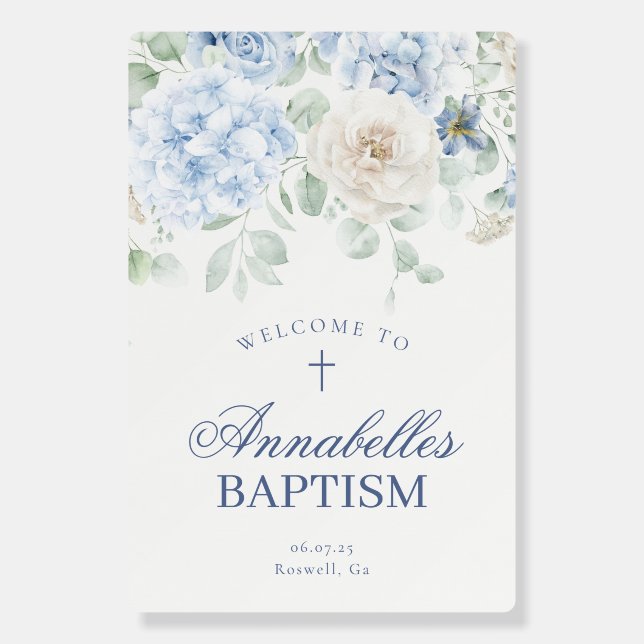 Blue Floral Hydrangea Blooms Baptism Welcome Sign (Front)