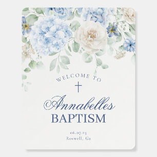 Blue Floral Hydrangea Blooms Baptism Welcome Sign