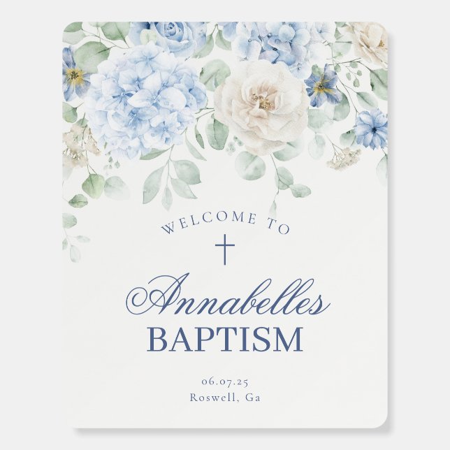 Blue Floral Hydrangea Blooms Baptism Welcome Sign (Front)