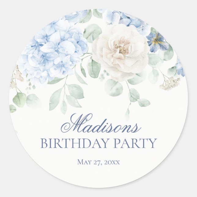 Blue Floral Hydrangea Blooms Birthday Invite Seal (Front)
