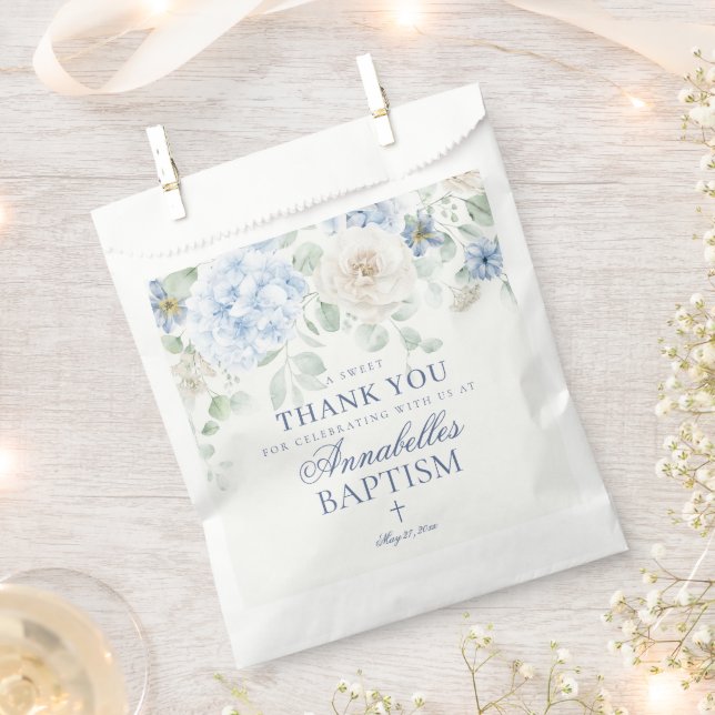 Blue Floral Hydrangea Botanical Baptism Dessert Favor Bag (Clipped)