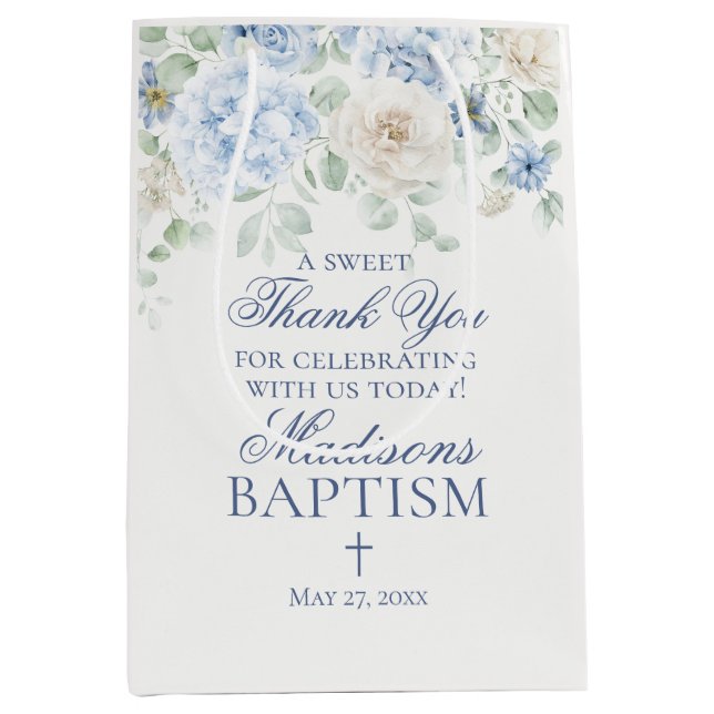 Blue Floral Hydrangea Botanical Baptism Favor Medium Gift Bag (Front)