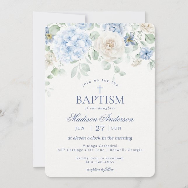 Blue Floral Hydrangea Botanical Blooms Baptism Invitation (Front)