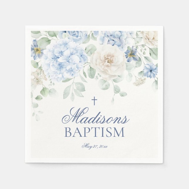 Blue Floral Hydrangea Botanical Blooms Baptism Napkins (Front)