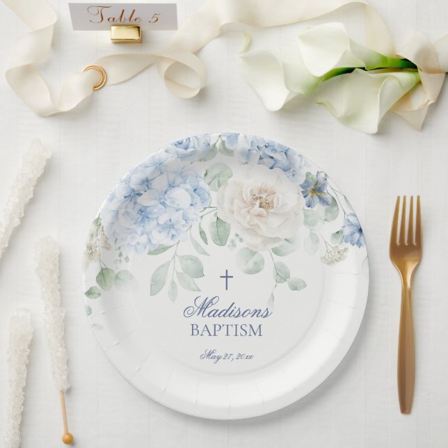 Blue Floral Hydrangea Botanical Blooms Baptism Paper Plates (Wedding)