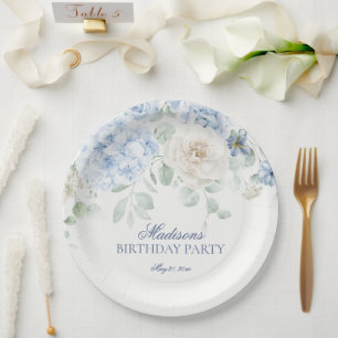 Blue Floral Hydrangea Botanical Blooms Birthday Paper Plates