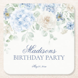 Blue Floral Hydrangea Botanical Blooms Birthday Square Paper Coaster