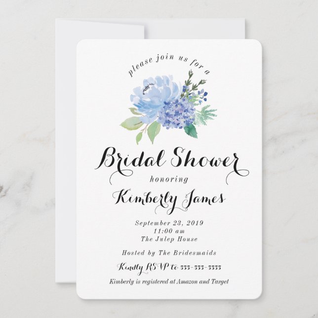 Blue Floral Hydrangea Bridal Shower Invitation (Front)