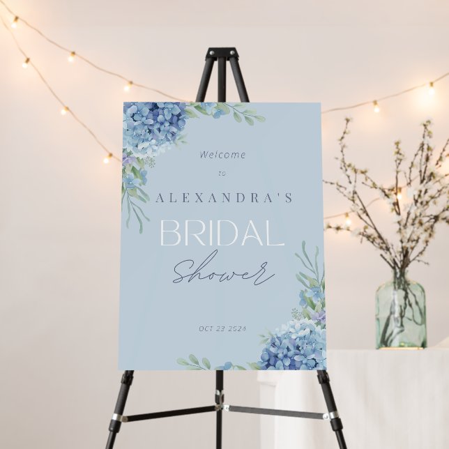 Blue Floral Hydrangea Bridal Shower Welcome Sign (In Situ (Stand))