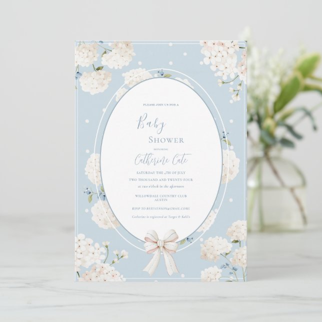 Blue Floral Hydrangea Elegant Baby Shower Invitation (Standing Front)