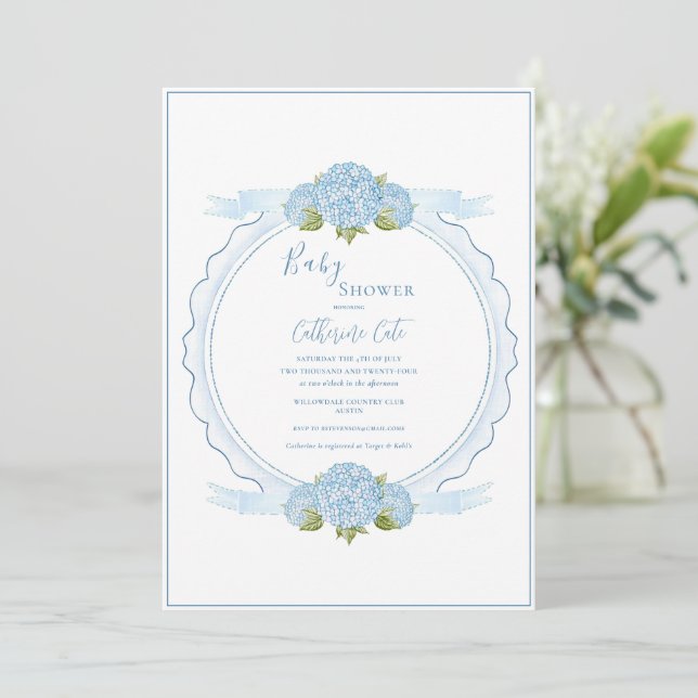 Blue Floral Hydrangea Elegant Baby Shower  Invitation (Standing Front)