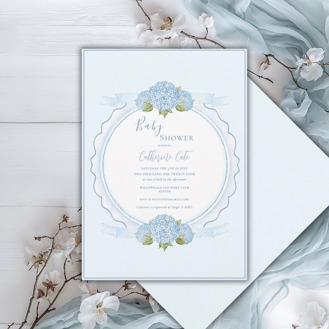 Blue Floral Hydrangea Elegant Baby Shower  Invitation (Creator Uploaded)