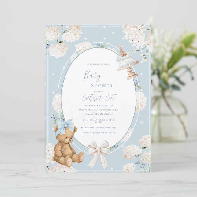 Blue Floral Hydrangea Elegant Bear Baby Shower Invitation (Standing Front)
