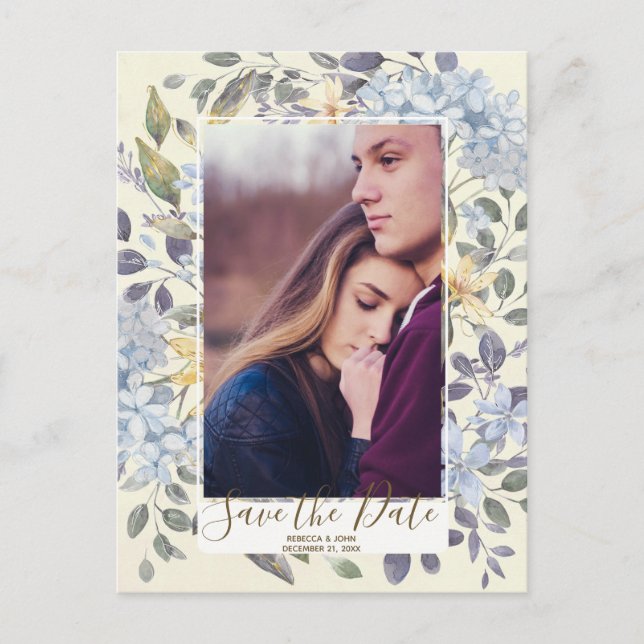 Blue floral hydrangea photo save the date announcement postcard (Front)