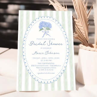 Blue Floral Hydrangea Stripes Bridal Shower Invitation