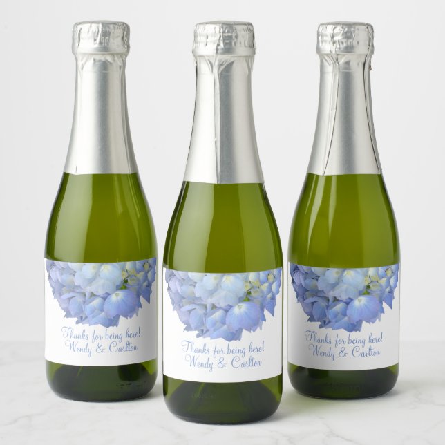 Blue Floral Hydrangea Thank Guests Favor Sparkling Wine Label (Bottles)
