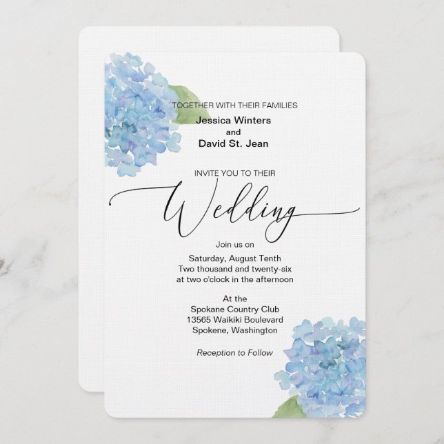 Blue Floral Hydrangea Wedding Invitation design (Front/Back)