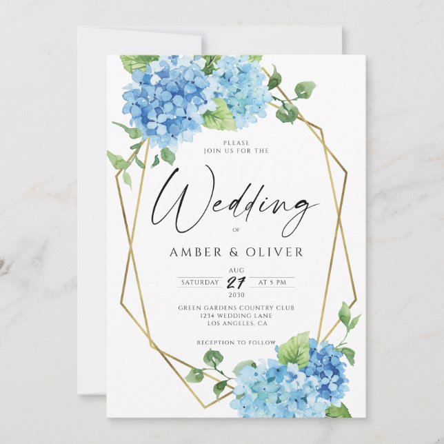 Blue Floral Hydrangeas Elegant Gold Modern Wedding Invitation (Front)