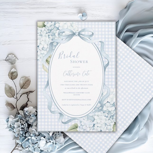 Blue Floral Hydrangeas Gingham Whimsical Bridal Invitation (Creator Uploaded)