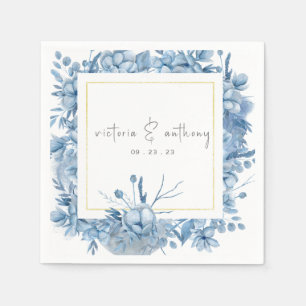 Blue Floral Hydrangeas Name Date Wedding Napkins
