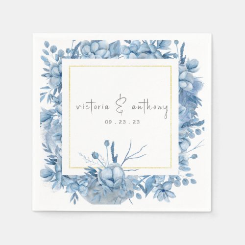 Blue Floral Hydrangeas Name Date Wedding Napkins